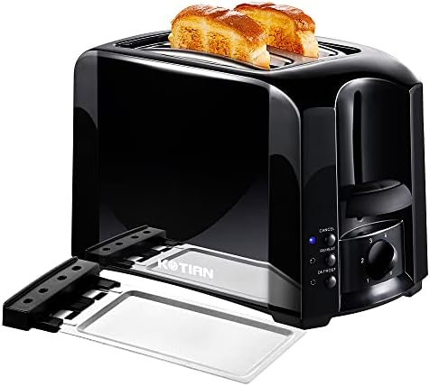 Toaster 2 Slice Small Compact Electric Bread Black Tosterster,KOTIAN 6 Toast Settings Cancel Reheat Defrost Functions, Removable Crumb Tray, 800W, Black