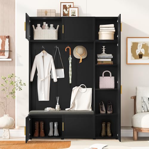 Merax U-Can Hall Tree with Bench, Coat Rack and Shoe Storage, Black | 4-In-1 Hall Tree, Entryway Coat Rack With Padded Bench, 4 Hooks And Multi-Tier Shoe Storage Shelves