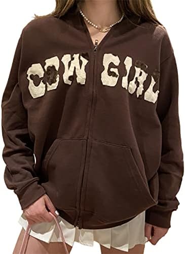 Cow Girl Print Zip Up Hoodies For Women Fashion Casual Brown Long Sleeve Oversized Hoody Sweatshirt Fall Winter Jacket Coat Y2K E Girl Clothes (A Brown, Small)
