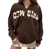Cow Girl Print Zip Up Hoodies For Women Fashion Casual Brown Long Sleeve Oversized Hoody Sweatshirt