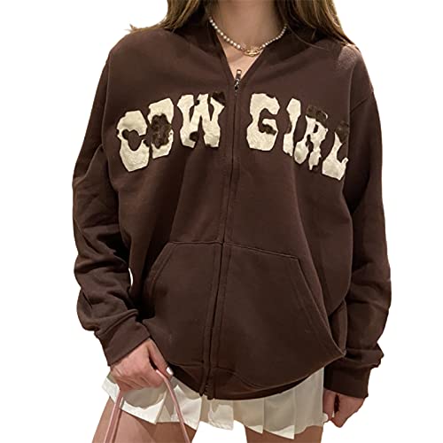 Cow Girl Print Zip Up Hoodies For Women Fashion Casual Brown Long Sleeve Oversized Hoody Sweatshirt Fall Winter Jacket Coat Y2K E Girl Clothes (A Brown, Small) #TOP2