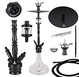  Camo Pro Shisha Set Aluminium Alu Schwarz 84 cm Hookah 2020 Wasserpfeife Steinkopfset Acryl Molassefänger 18/8 Schliff Base Close Chamber System 4 x Anschlüsse 2X Adapter Silikonschlauch Mundstück
