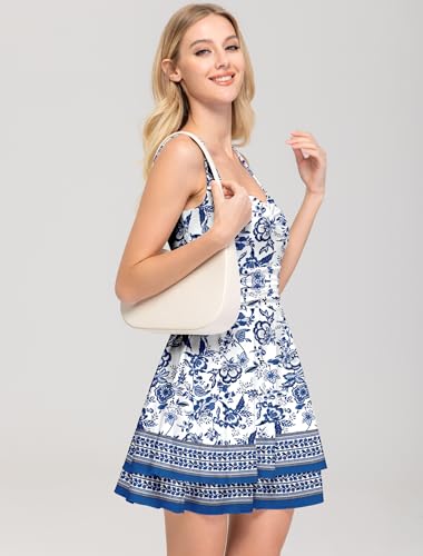 Image of IWD Women's Square Neck Sleeveless Mini Dress Ruched Waist Tiered Ruffle Hem A Line Short Dresses