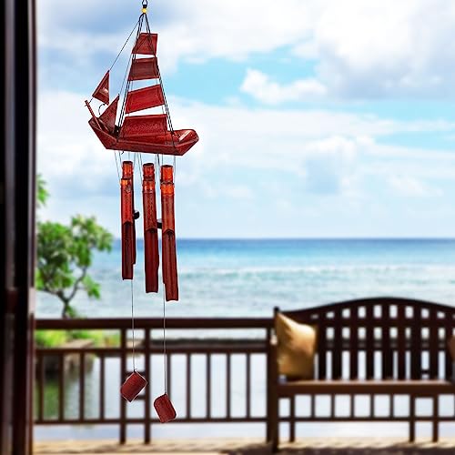 Bamboo Wind Chimes, 40" Outdoor Wood Wooden Wind Chimes Featuring A Large Sailboat Top, Sympathy Wind Chimes With Natural Sounds, Indoor Outdoor Decorations For Patio Porch Garden And Backyard, Brown #TOP5
