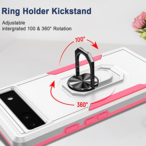 Benbenjaytek Case For Google Pixel 7A With 1 Screen Protector + 1 Camera Protector Ring Kickstand Holder Dual Layer Heavy Duty Bumper Shockproof [Support Magnetic Car Mount] (White+Pink) #TOP2