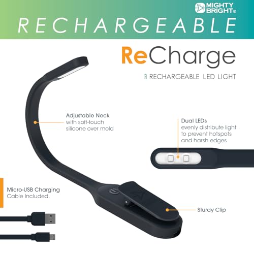 The Original Mighty Bright Recharge Clip On Rechargeable Book Light Reading Light, Warm Eye Care LEDs, Flexible, Durable, Dimmable, Perfect for Kids, Bookworms, Reading in Bed, Lasts 60 Hours (Black)