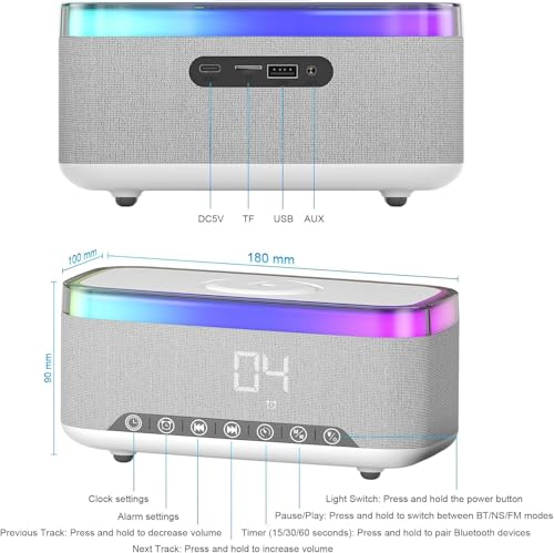 Image of Bluetooth Speaker Alarm Clock with 15W Wireless Charging, RGB Night Light, White Noise Sound Machine, FM Radio, 10W Speaker, Bedside Smart Clock