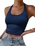 Ekouaer Women Halter Top Backless Scroop Neck Slim Stretchy Ribbed Knit Camisole Crop Tops(Navy,M)