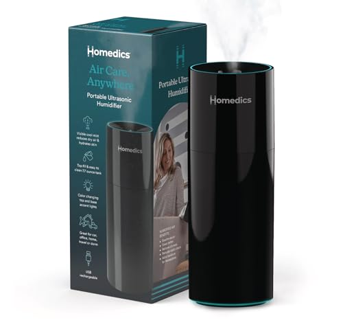 Image of Homedics Portable Humidifier - Small Ultrasonic Cool Mist Humidifier for Bedroom, Desk & Travel, Mini Personal Humidifier, 7.7 oz Tank, Auto Shutoff, Night Light, Rechargeable (Gloss Black)