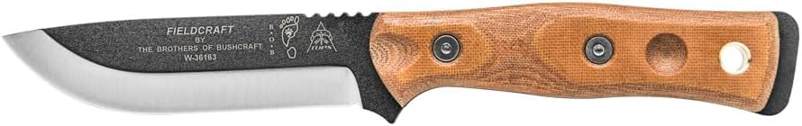 Tops Knives Fieldcraft 3.5 Full Tang Fixed Blade- Black Traction Coating Blade Finish- Black Kydex Sheath w/Rotating Spring Steel Clip (Tan Canvas Micarta Handle)