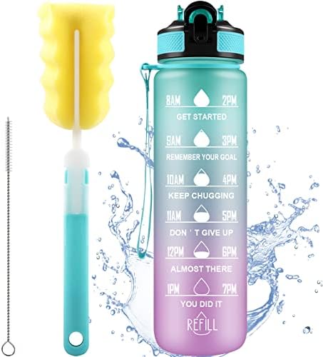Sports Water Bottle, [1 Litre] Spopal Water Bottle with Motivational Time Marker & Straw, BPA Free Tritan Non-Toxic Plastic Drinking Bottle with Cleaning Brush for Outdoor, Cycling, Gym & Camping