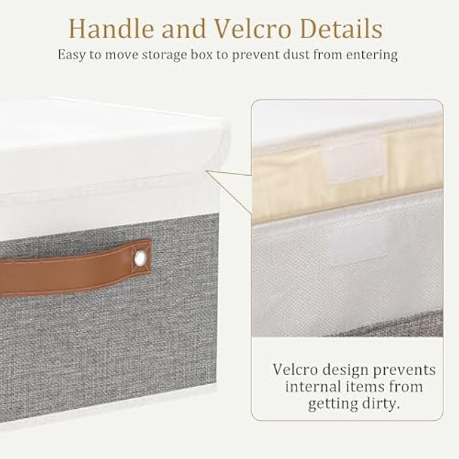 OUTBROS Large Foldable Storage Bins, Linen Fabric Box with Lid, Organiser for Shelves, Cubes For Towels, Clothes, 13 x 9.1 x 7.9 inch (White/Grey, 1-Pack)