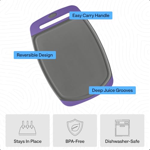 Image of GORILLA GRIP BPA-Free Reversible Kitchen Cutting Board Set of 3, US Designed, Nonporous, Juice Grooves Catch Liquid, Slip Resistant Border, Dishwasher Safe, Durable Food Chopping Boards, Gray Purple