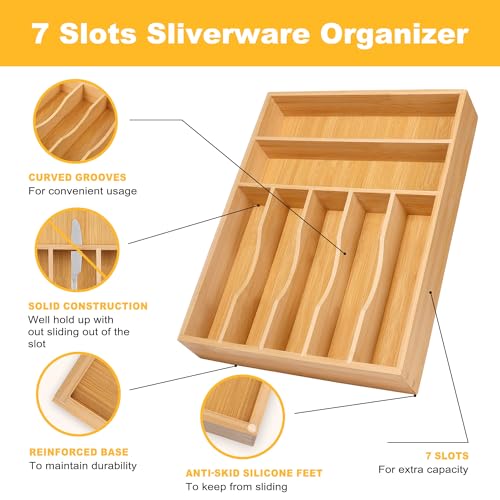 oridom Kitchen Bamboo Silverware Organizer, Kitchen Drawer Organizer - Utensil Holder and Cutlery Tray with Grooved Drawer Dividers for Flatware 7 Slot, Natural by oridom - Image 5