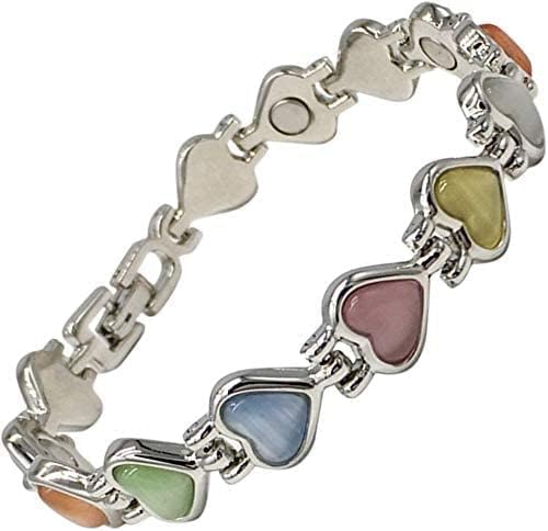 Heart Charm Magnetic Bracelet for Women – Silver Tone Adjustable Link Bracelet with Pastel Multi-Coloured Cat’s Eye Gemstones – Romantic Gift Boxed Jewelry for Her, 18cm