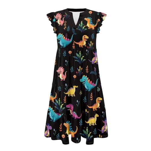 Image of Womens Summer Dress Ruffle Sleeve V Neck Dress Casual Fit Flowy Beach Vacation Sundress with Pocket S-2XL