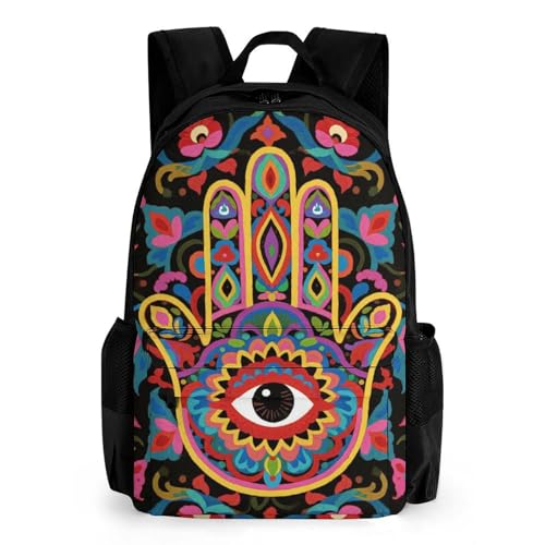 Supdreamc Rucksack Anti-Theft Multipurpose Large Capacity Carry On Bag - Colorful Eye Hamsa Hand Lotus Ethnic Indian Art Travel Hiking Bag & Day Pack With Side Pockets