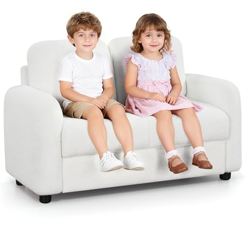 Image of INFANS Kids Sofa, 2 Seat Soft Thick Upholstered Couch with Plush Fabric Solid Wooden Frame, Armrest Chair Lounge for Playroom Kids Boys Girls