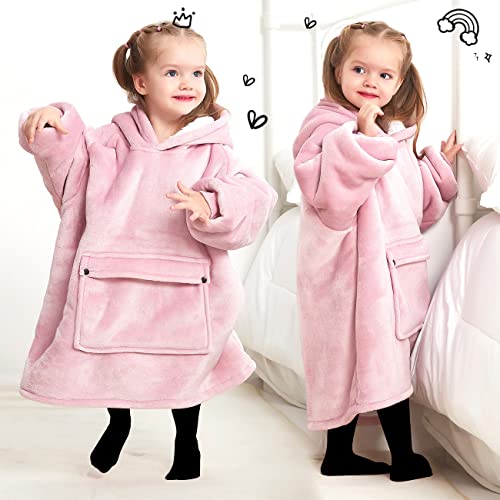 Image of KFUBUO Wearable Blanket Hoodie for Kids With Pocket Toddlers 2-6 Year Old | Pink, Sherpa, Heavy Material, Oversized Sweatshirt Blanket, Kids Blanket, Girl Boy Gifts, Cozy Gifts for Kids