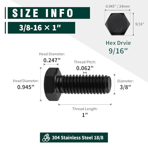 Image of 3 /8-16 x 1 Hex Head Bolts Black, 304 Stainless Steel 18-8 Hexagon Head Screws Bolts, Black Oxide Finish, Allen Hex Drive, 10 PCS