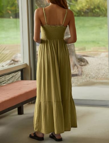 Image of R.Vivimos Womens Summer Boho Cotton Maxi Dress Adjustable Spaghetti Strap Elastic Smocked Casual Ruffle Hem Flowy Beach Dress