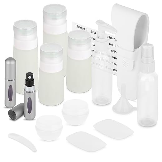 Garrafas de higiene pessoal tamanho viagem, kit de 16 – Artigos de higiene essenciais aprovados pela TSA para voar – Recipientes de silicone, frascos de apertar e acessórios para xampu, condicionador, líquidos, perfume, branco