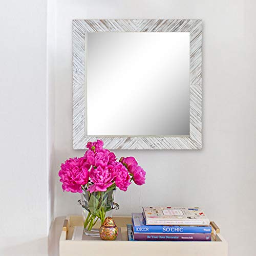 Stonebriar Brown 20\" x 20\" Square Textured Worn White Wooden Chevron Hanging Wall Mirror with Attached Mounting Brackets, Decorative Decor for the Living Room, Bedroom, Bathroom, Hallway, and Entryway