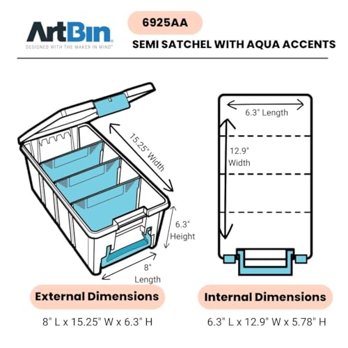 ArtBin 6925AA Semi Satchel with Removable Dividers, Portable Art & Craft Organizer with Handle, [1] Plastic Storage Case, Clear with Aqua Accents - Thumbnail 2