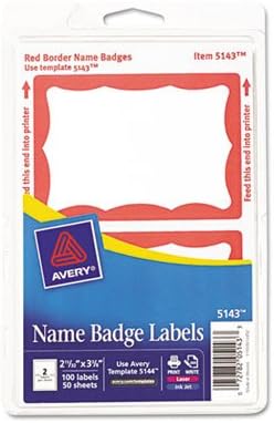 Printable Self-Adhesive Name Badges, 2-11/32 x 3-3/8, Red Border, 100/Pack, Sold as 1 Package, 6PACK , Total 6 Package