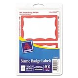 Printable Self-Adhesive Name Badges, 2-11/32 x 3-3/8, Red Border, 100/Pack, Sold as 1 Package, 6PACK , Total 6 Package