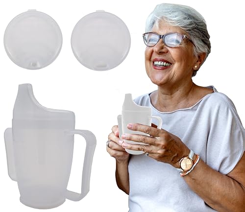 Tiga-Med Trinkbecher mit 2 Griffen, 280ml, Doppeldeckel-System für Flüssigkeiten und Brei, spülmaschinenfest, mikrowellengeeignet (5, Transparent)