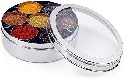 Stainless Steel Spice box 7 compartments With Clear Screen & Clear Lid With Spoon and Airtight Lid