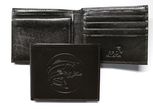Bass Fishing Embossed Leather Bifold Wallet - Dark Brown RFID Safe