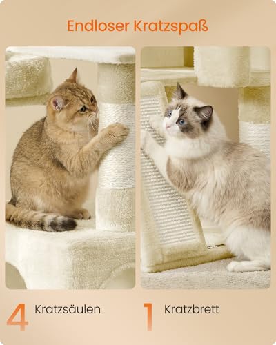 Feandrea Kratzbaum, 136 cm hoch, Katzenbaum, mehrstöckiges Katzenhaus, mit 4 Kratzsäulen, 3 Plattformen, Liegemulden, Höhle, beige PCT012LF01 – Bild 6