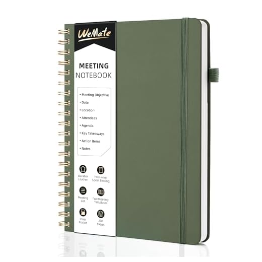 WEMATE Cuaderno de reuniones simplificado para trabajar con elementos de acción, 200 páginas, cuaderno de notas de reuniones de tapa dura de cuero PU para el trabajo, B5 (10" × 7") Verde Oliva