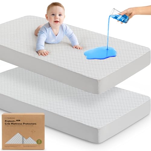 Image of 2-Pack Waterproof Crib Mattress Protector Cover Fitted - Quiet Baby Crib Mattress Pad Sheets, 52 inch x 28 inch Soft Quilted Cotton Baby Sheet, Machine Washable, Easy Fit, Durable (Pearl Gray /Quin)