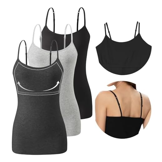 vislivin Damen Unterhemd mit Regal-BH Baumwoll Trägershirt Spaghetti Top Verstellbaren Spaghettiträger Trägertop Schwarz/Grau/Dunkelgrau M
