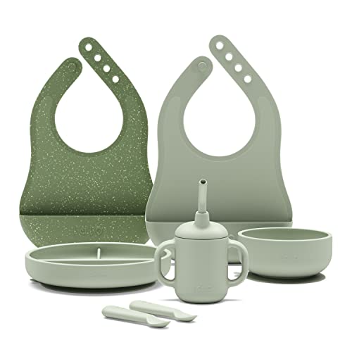 Image of Lalo First Bites Silicone Baby Feeding Set - Baby Led Weaning Supplies - Non-Toxic Silicone - Includes 2 Bibs, 2 Spoons, Training Cup, Suction Plate and Bowl - 6 Pieces - Sage
