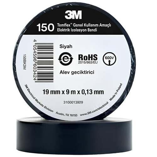 3M Temflex Elektrik İzolasyon Bandı Siyah (0,13 mm x 19 mm x 9 metre)