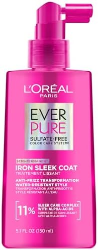 L'Oreal Paris Sulfate Free Iron Sleek Coat, Anti-Frizz Hair Treatment Spray with Heat Protection & Humidity Protection, Semi-Permanent Smoothing, Suitable for Color-Treated Hair, EverPure, 5.1 fl oz