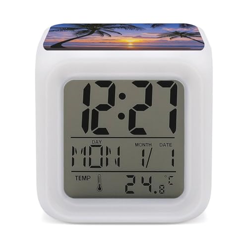 VstaDank Palm Tree Sunset Alarm Clock Sleep Trainer 7 Color Changing Night Light Modern Touch Bedside Lamp Fashion Digital Clock with Temperature Display Wake Clocks for Loud Alarm