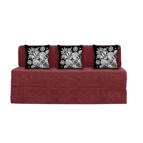 Image of Rosebell Three Seater Sofa Cum Bed | Jute Fabric Washable Cover | with 3 Printed Cushions Perfect for Guest | Red | 5' X 6' Feet