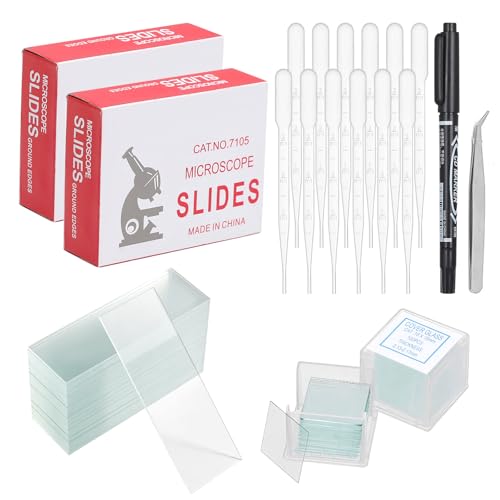300 Pcs Pre-Cleaned Microscope Slides Set 100 Pcs prepared Microscope Slide and 200 Pcs Cover Slips Glass Blood Slides with 10 Plastic 3ml Droppers Suitable for Laboratories Schools