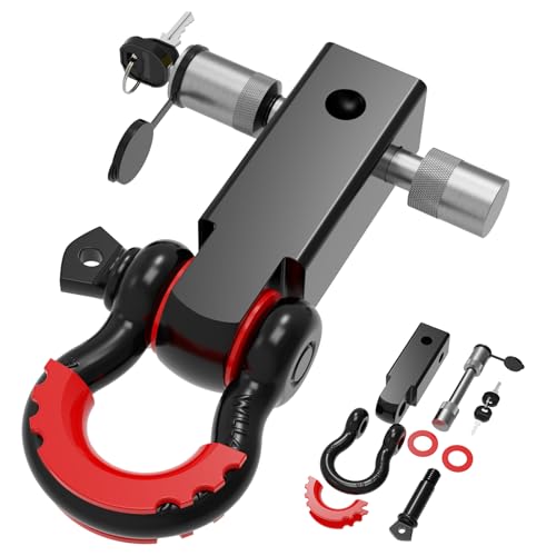 X-BULL Shackle Hitch Receiver 2in, 41887 Breaking Strength with 3/4\" D-Ring Shackle, 5/8\" Trailer Hitch Lock, Towing Accessories for Vehicle Recovery Off-Road Black & Red