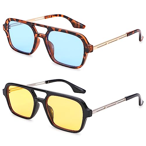 Hycredi Retro 70s Flat Aviator Sunglasses Trendy Vintage Square Glasses for Women Men Metal Design Shades UV Protection