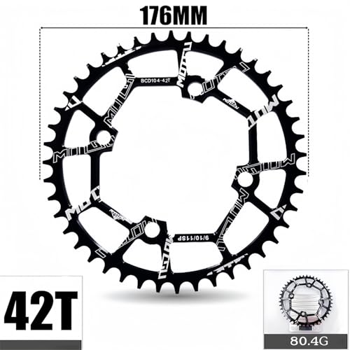 goucrro Bike Chainring 40T 42T 44T 46T 48T 50T 52T 104mm BCD Round Chainring Narrow Wide Tooth Aluminum Bicycle Chainring for Mountain Bike Road Bike MTB BMX (Black, 42T)