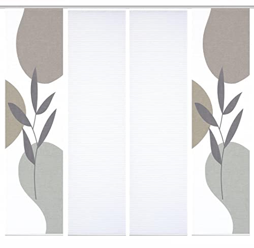 HOME in green 84074 FRONDA Schiebegardine, recyceltem Polyester 245x60 cm, Farbe:stein, Größe:245 x 60 cm, Anzahl:4er Set (2X Bedruckt. 2X Uni)