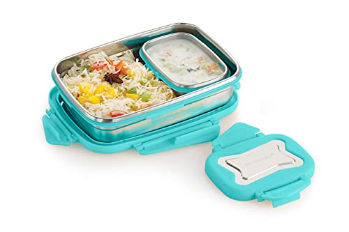 Image of STEELLOCK Smart Stainless Steel Tiffin Lunch Box for Kids and Adults 2pc Set | Airtight & Leakproof | Rectangle Combo for School & Office with Steel Lid |(1pc-750ml & 1pc-170ml) Turquoise
