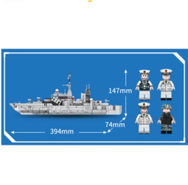 Diagram showing dimensions of the Sembo Type 055 Destroyer model and included minifigures