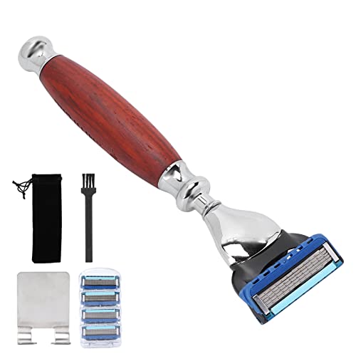 ZJchao Set di Rasoi Manuali 5 Lama Maschile con Manico in Legno 4 Cartucce di Sostituzione Strumento di Rasatura Riutilizzabile per la Toelettatura della Barba